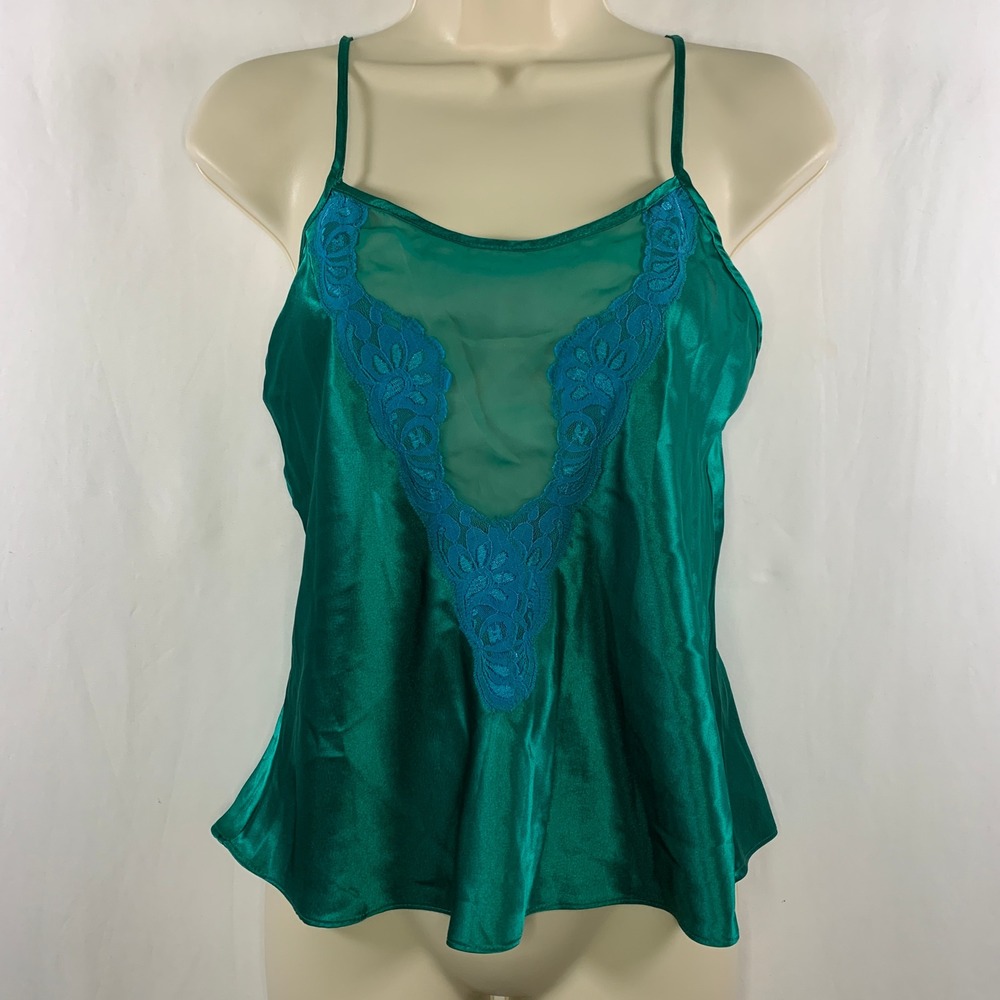 VTG Womens Satin Sheer Mesh Panel Lace Trim Cami Top Sz S Y2K Romantic Lingerie